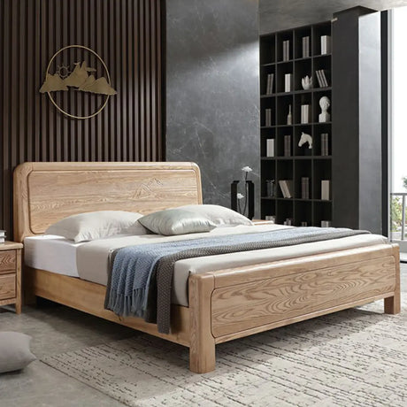 Natural Finish King Wooden Bed with Panel Headboard Image - 1