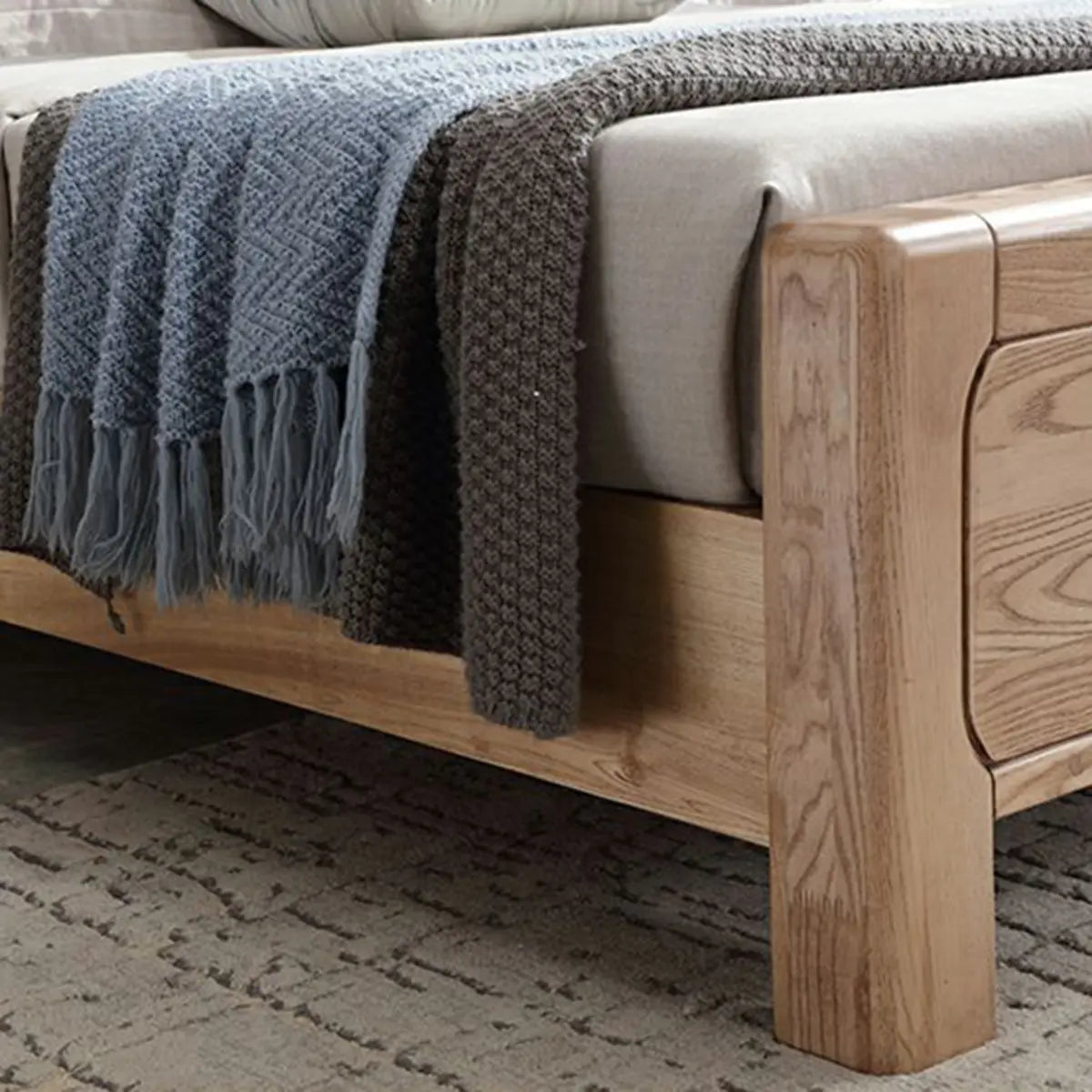 Natural Finish King Wooden Bed with Panel Headboard Image - 10