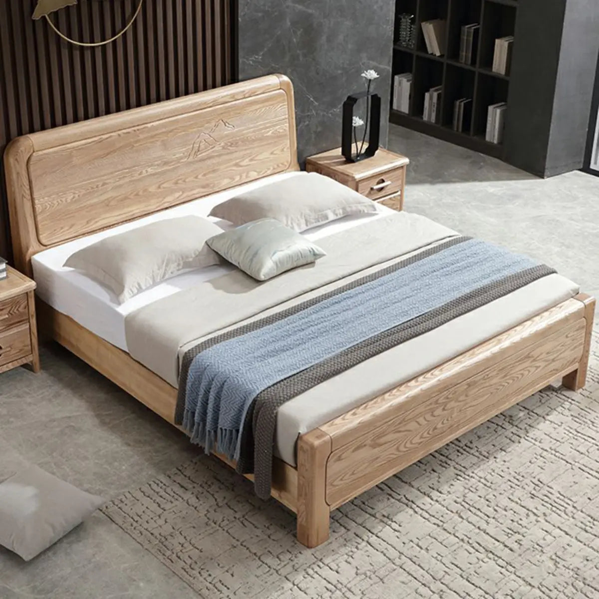 Natural Finish King Wooden Bed with Panel Headboard Image - 2