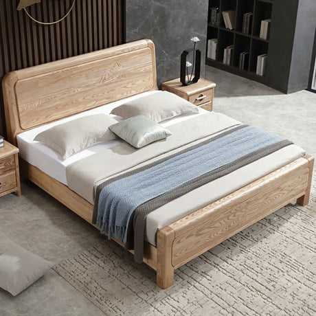 Natural Finish King Wooden Bed with Panel Headboard Image - 2