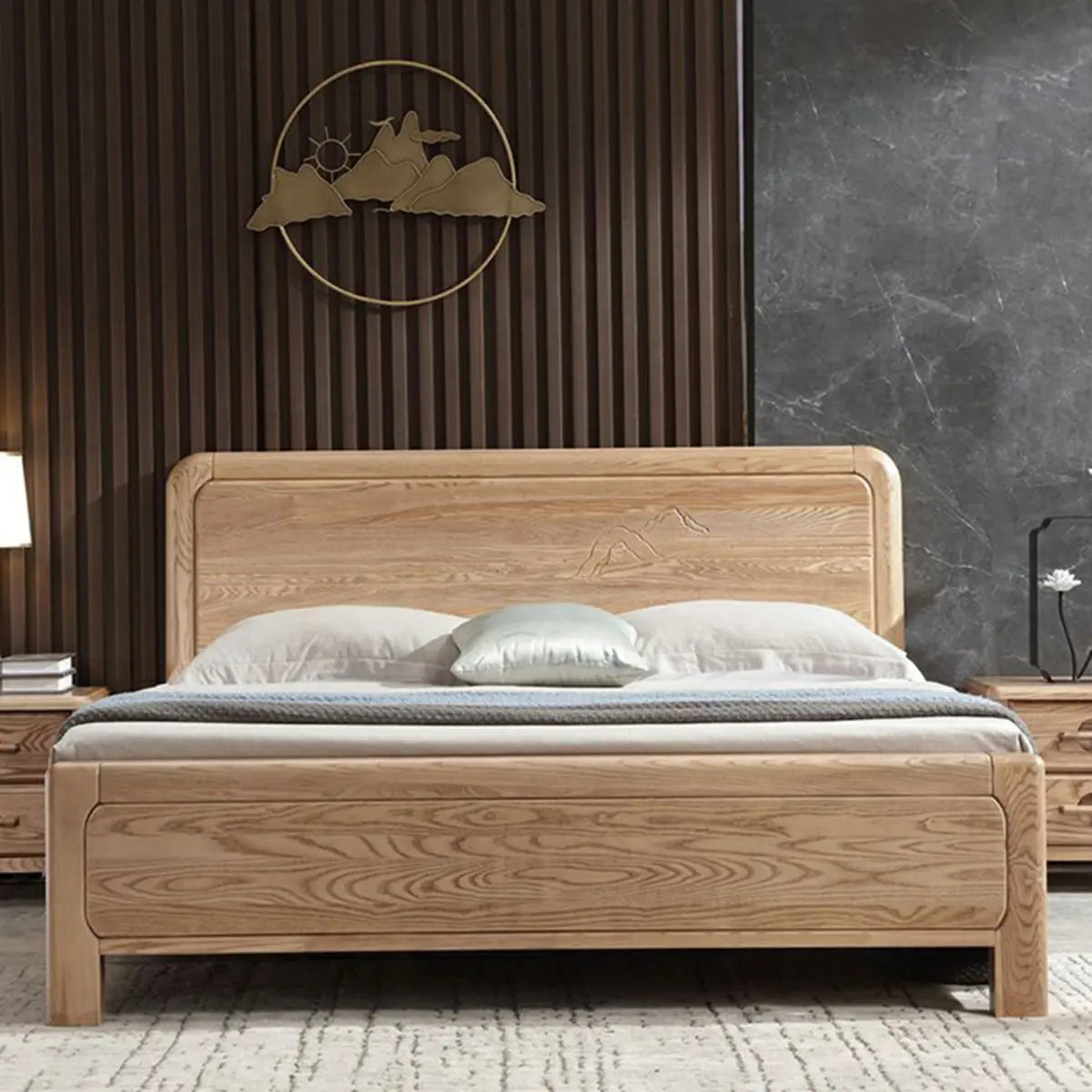 Natural Finish King Wooden Bed with Panel Headboard Image - 3