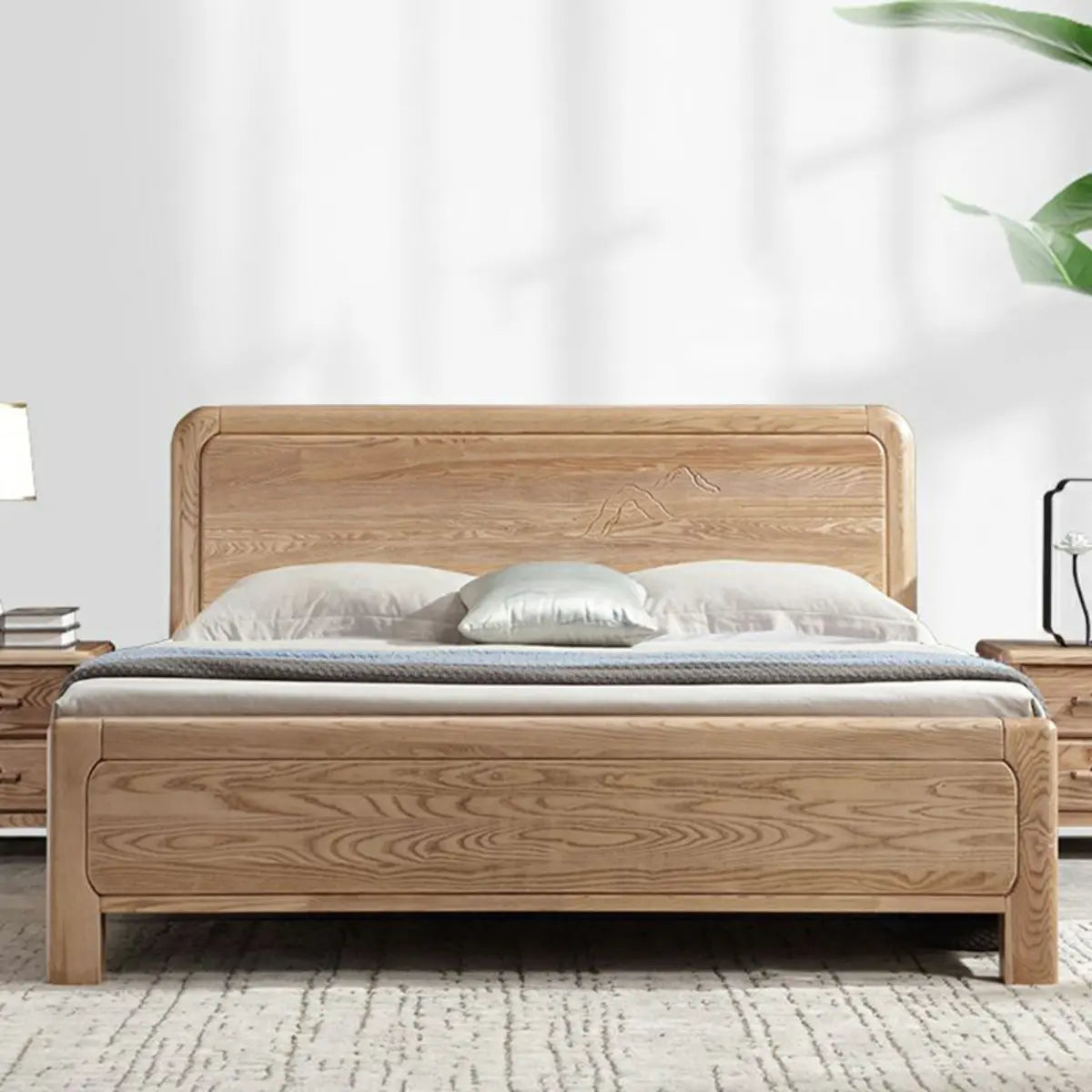 Natural Finish King Wooden Bed with Panel Headboard Image - 5