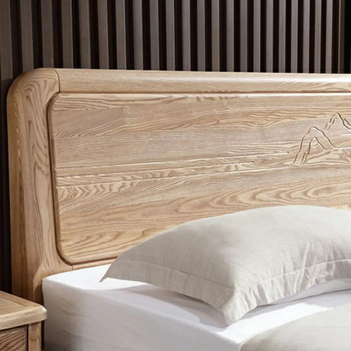 Natural Finish King Wooden Bed with Panel Headboard Image - 8