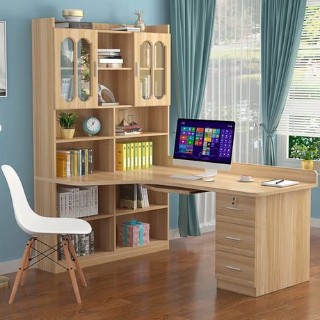 Natural Finish L-Shaped Wood Credenza Desk with Storage Image - 1