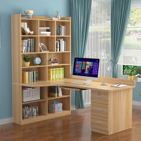 Natural Finish L-Shaped Wood Credenza Desk with Storage Image - 2