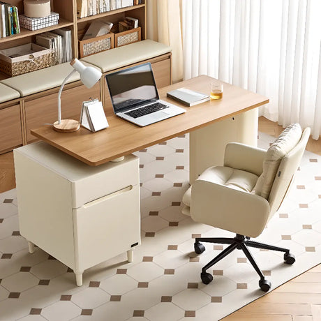 Natural Finish Long Wooden Writing Desk with Storage Image - 1