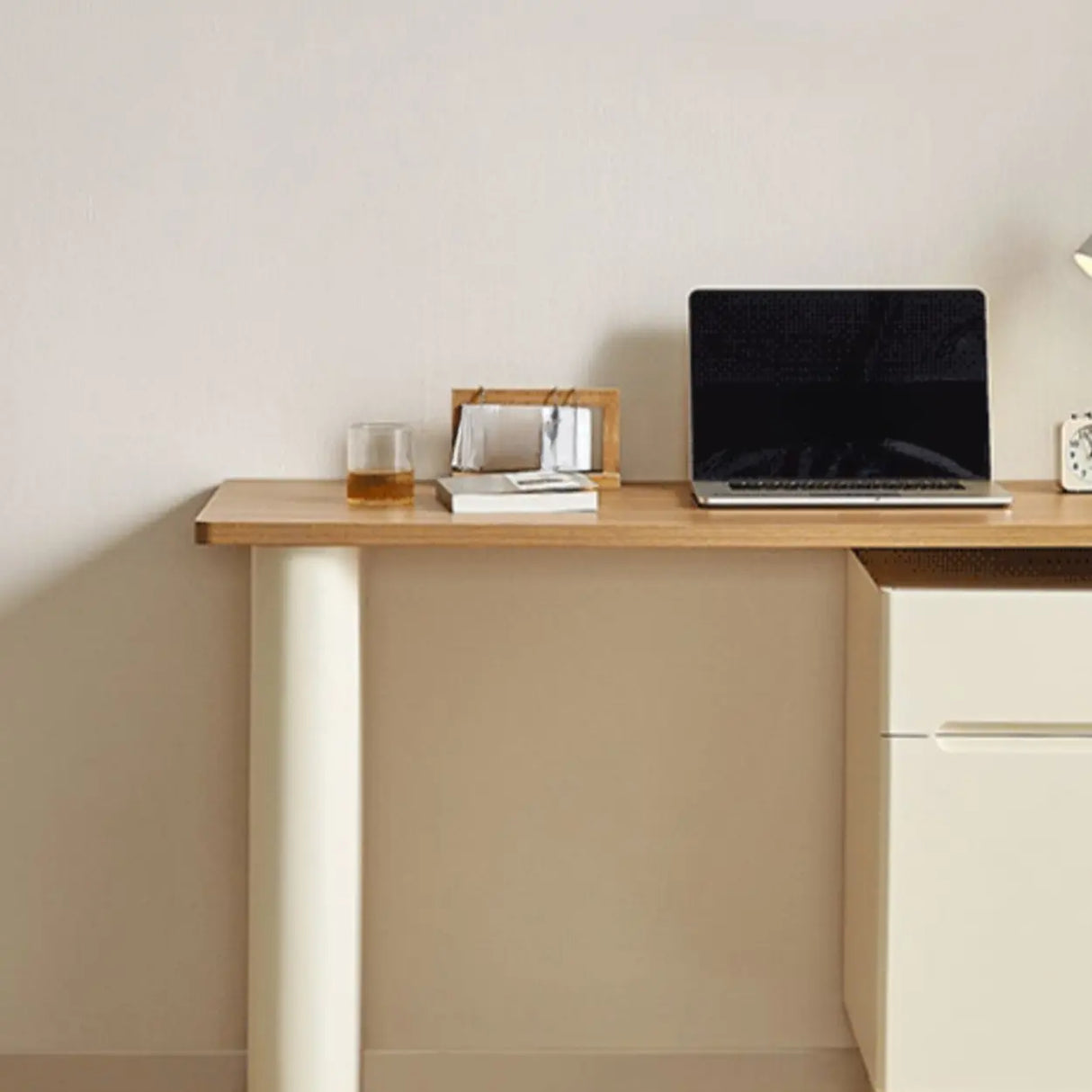 Natural Finish Long Wooden Writing Desk with Storage Image - 15