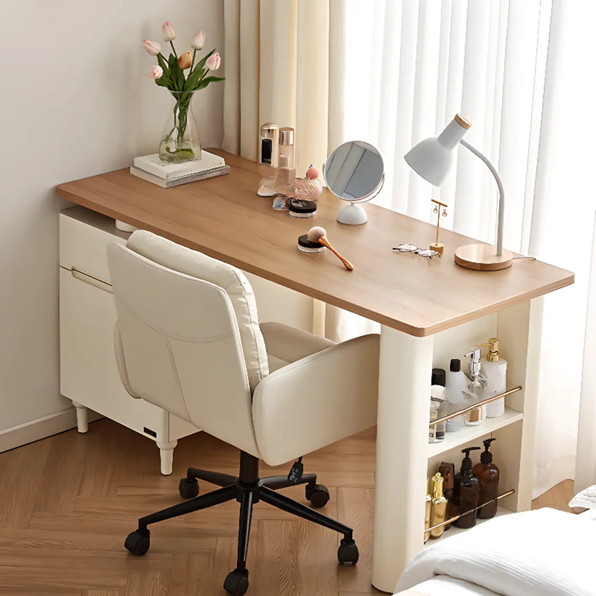 Natural Finish Long Wooden Writing Desk with Storage Image - 19