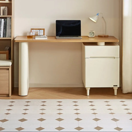 Natural Finish Long Wooden Writing Desk with Storage Image - 2