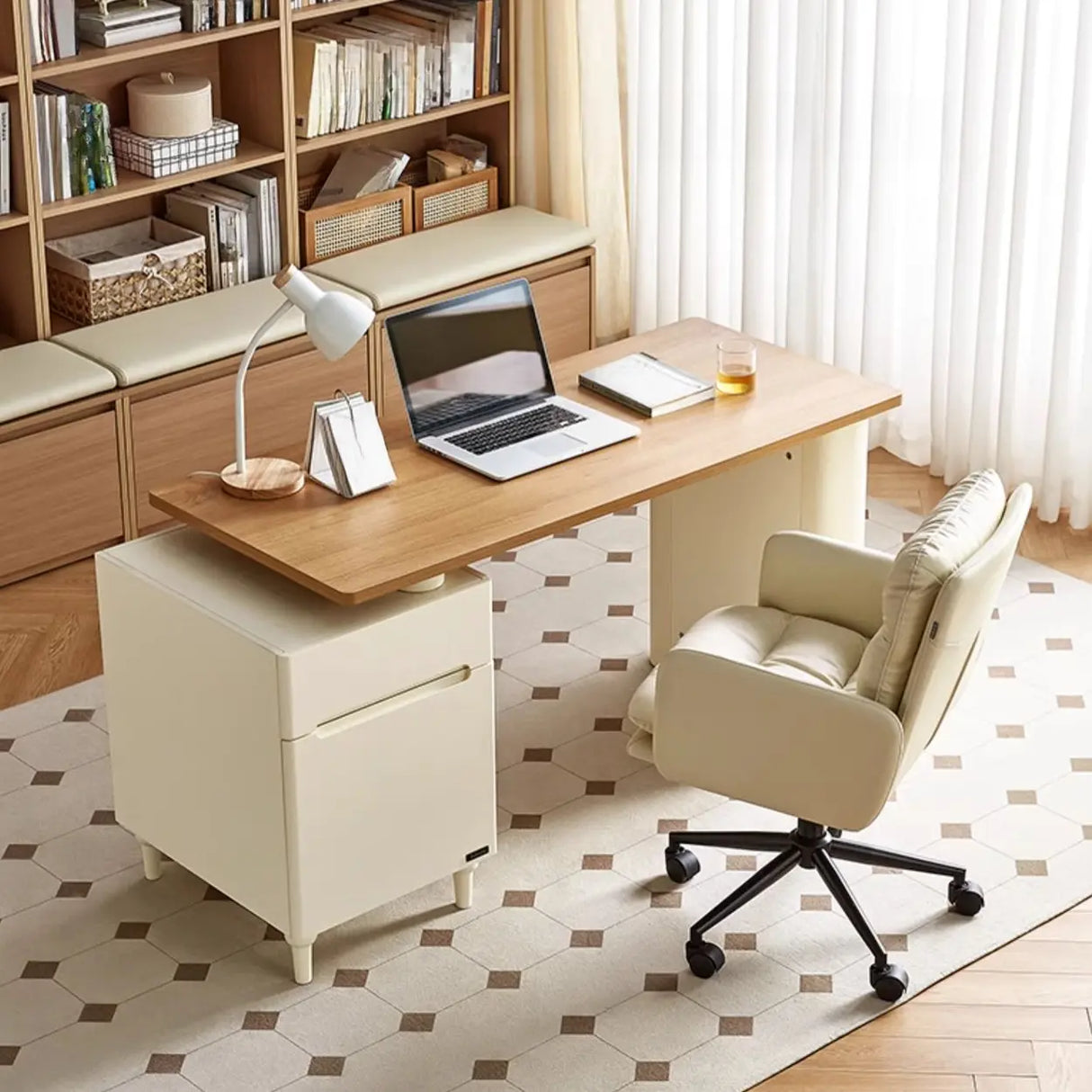 Natural Finish Long Wooden Writing Desk with Storage Image - 20