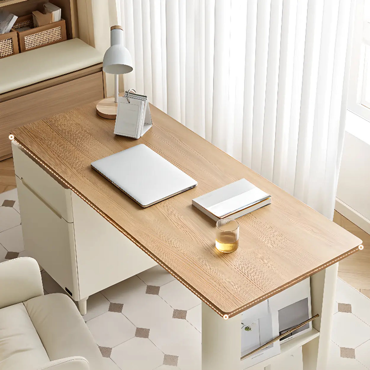 Natural Finish Long Wooden Writing Desk with Storage Image - 3