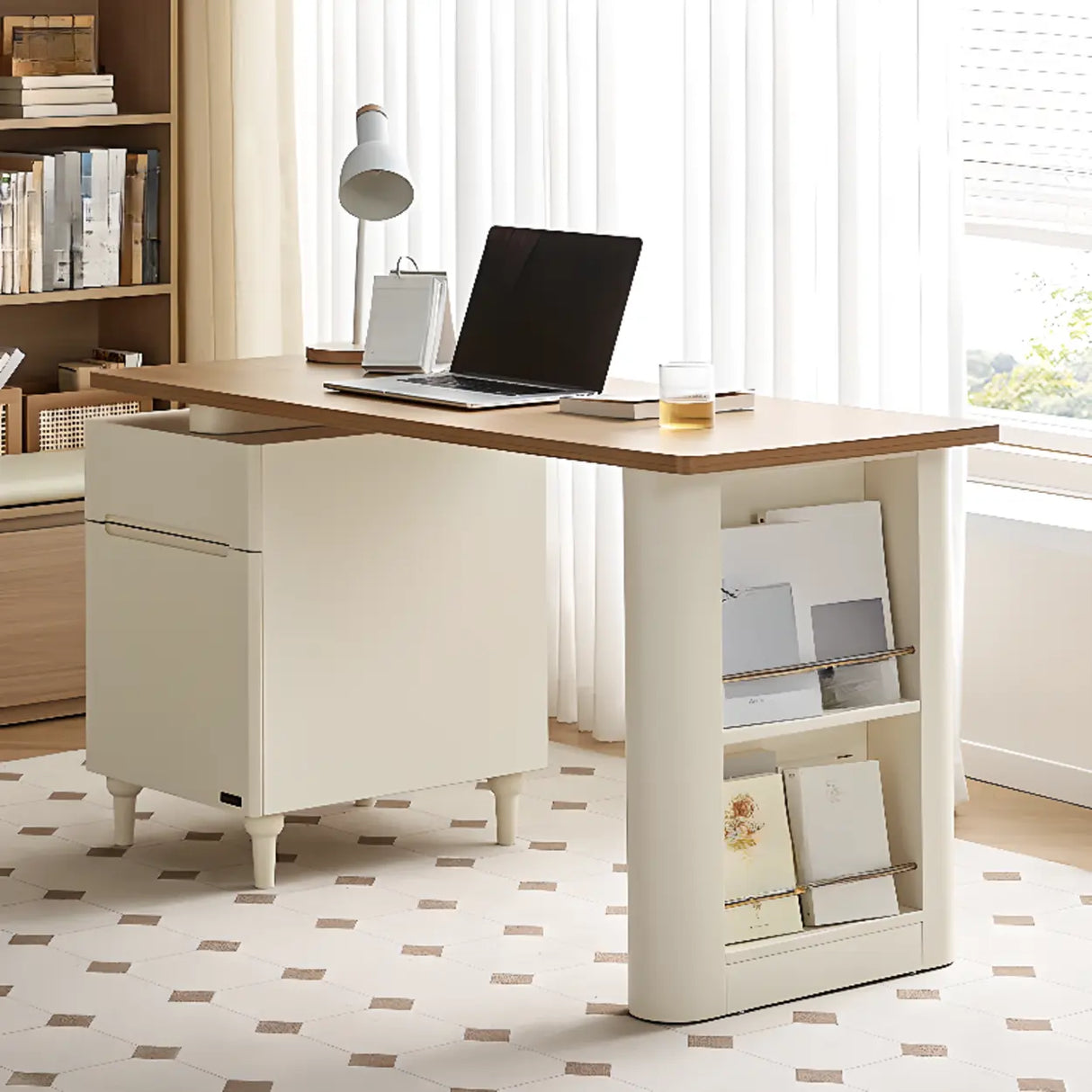 Natural Finish Long Wooden Writing Desk with Storage Image - 4