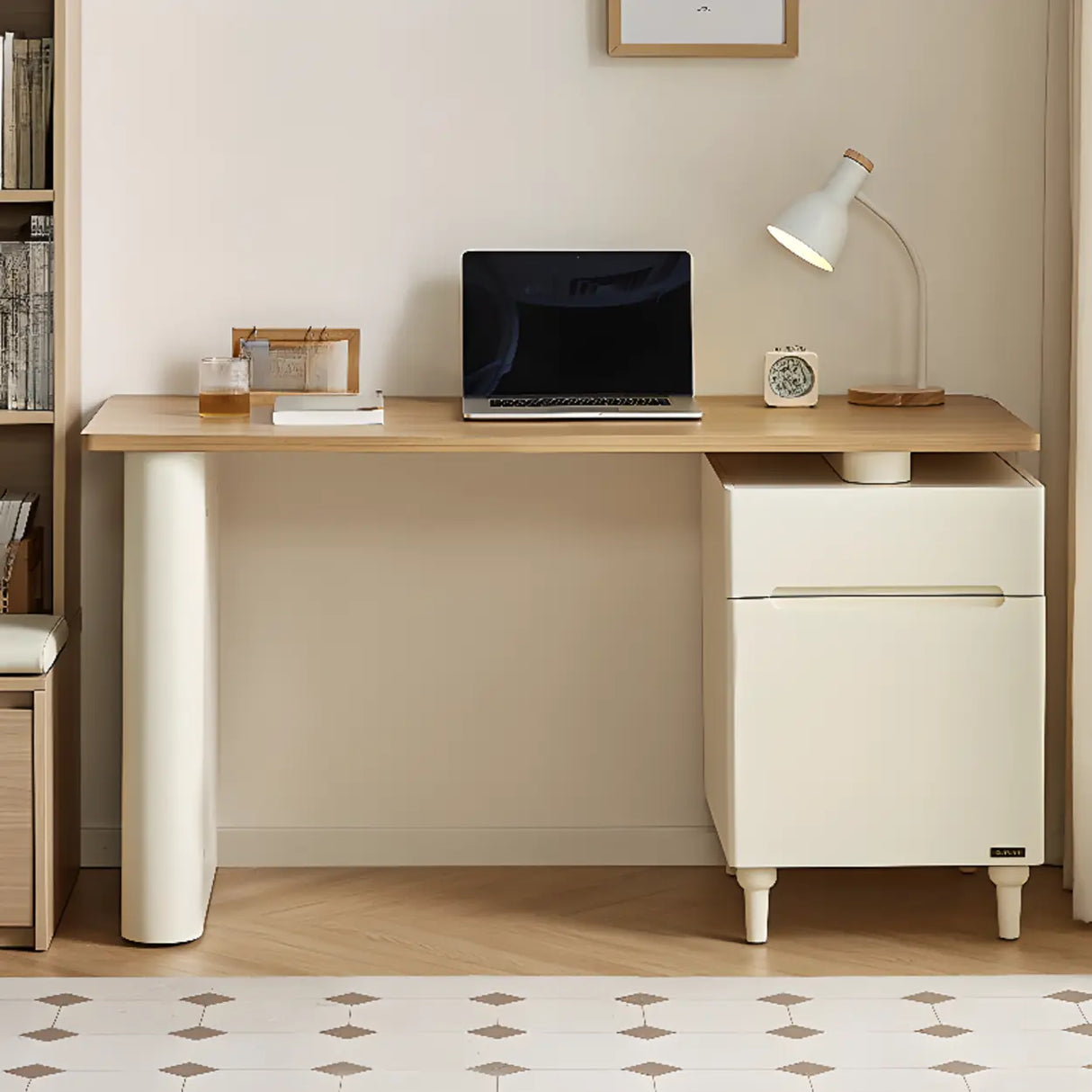 Natural Finish Long Wooden Writing Desk with Storage Image - 5