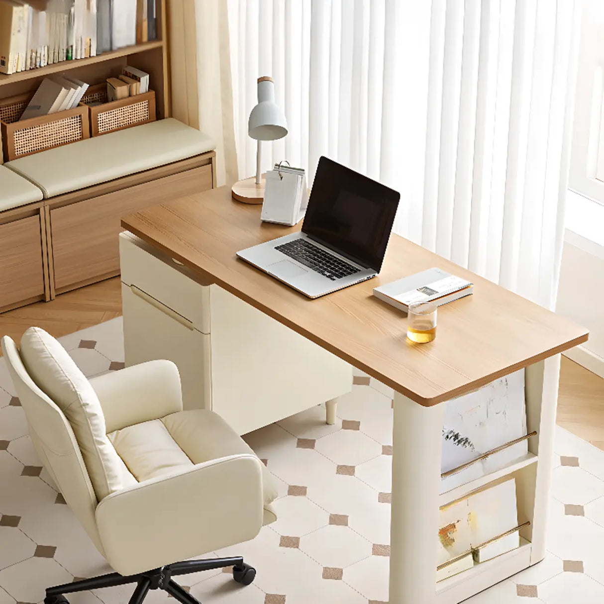 Natural Finish Long Wooden Writing Desk with Storage Image - 6