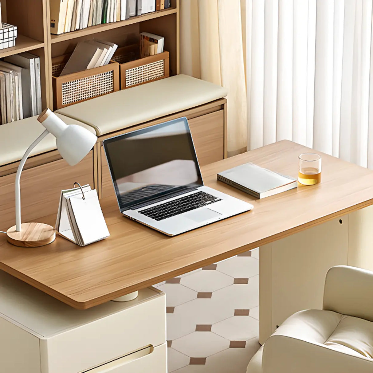 Natural Finish Long Wooden Writing Desk with Storage Image - 8