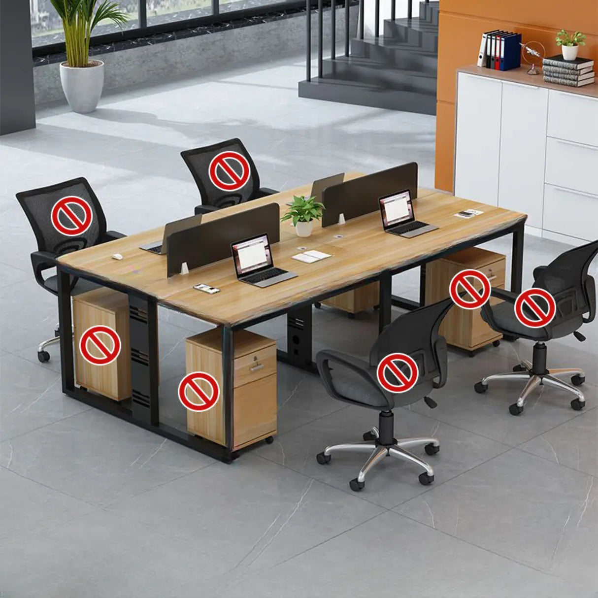 Natural Finish Multi-person Wooden Desk with Storage Image - 3