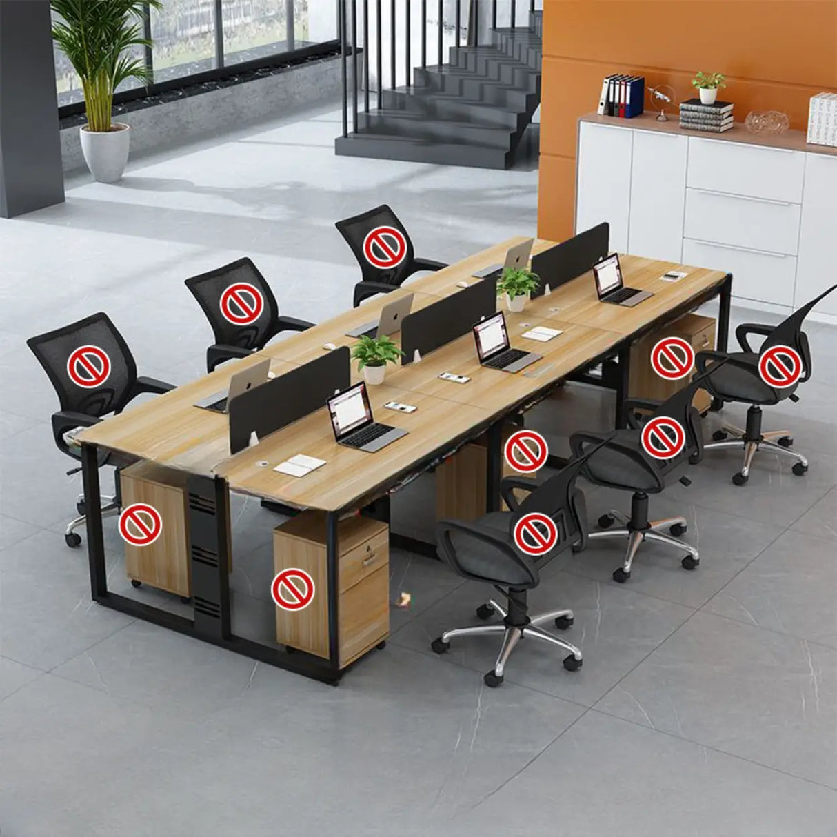 Natural Finish Multi-person Wooden Desk with Storage Image - 6
