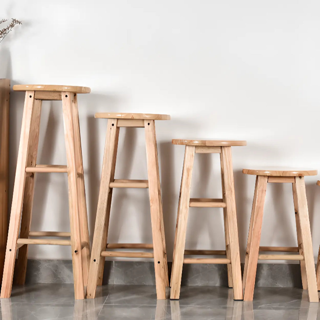 Natural Finish Oak Round Wood Backless Bar Stools Image - 12