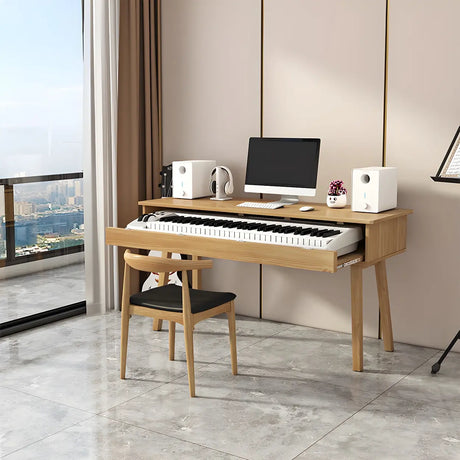 Natural Finish Pine Wood Piano Desk with Storage Image - 1