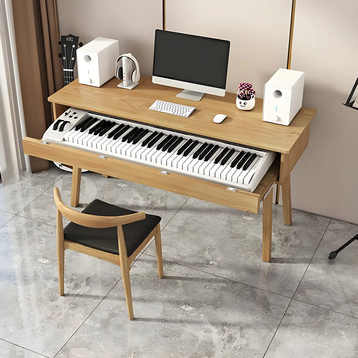 Natural Finish Pine Wood Piano Desk with Storage Image - 10