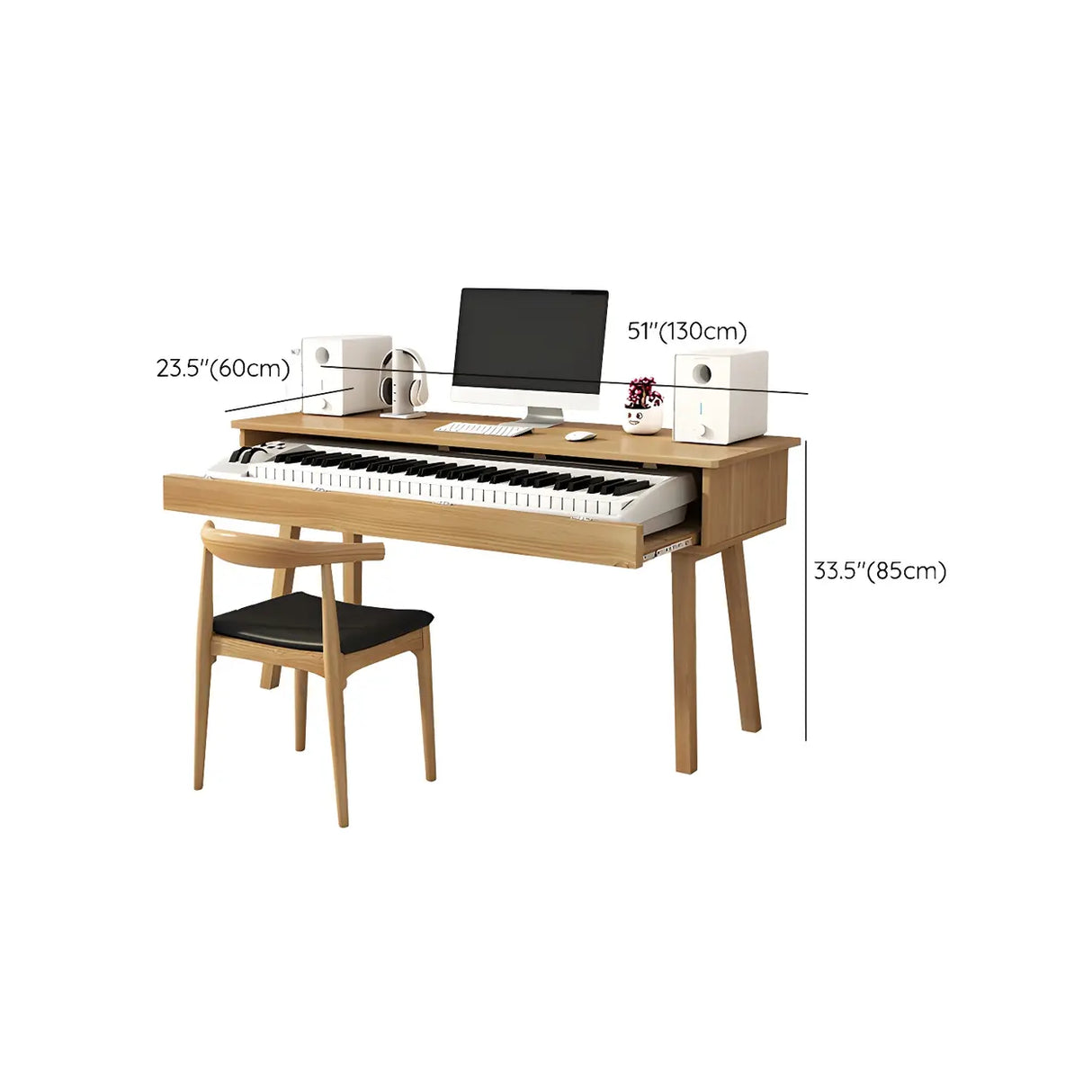 Natural Finish Pine Wood Piano Desk with Storage Image - 12