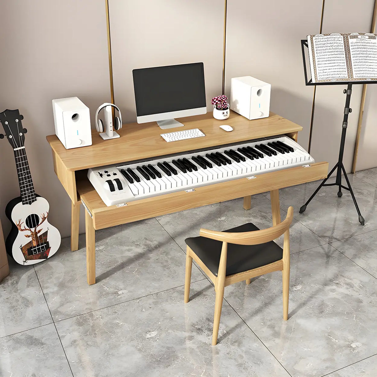 Natural Finish Pine Wood Piano Desk with Storage Image - 2