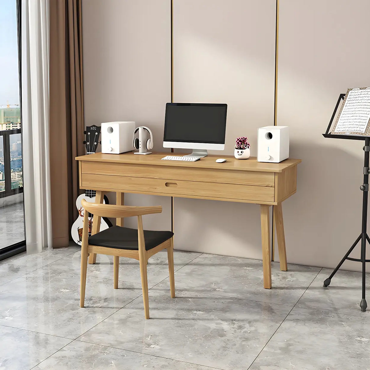 Natural Finish Pine Wood Piano Desk with Storage Image - 3