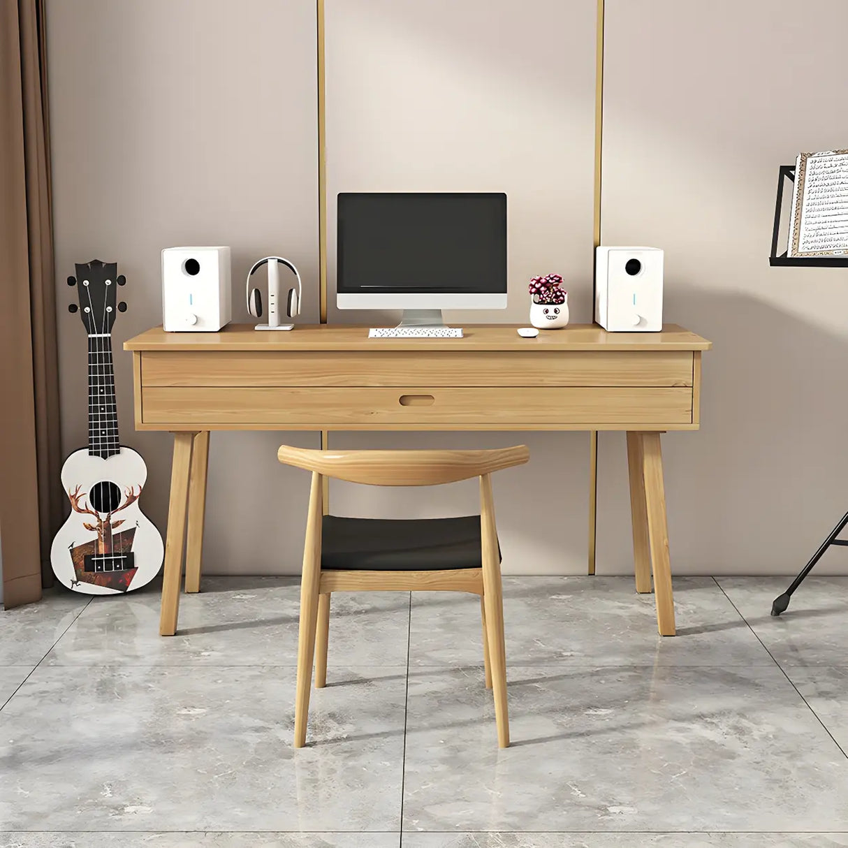 Natural Finish Pine Wood Piano Desk with Storage Image - 4