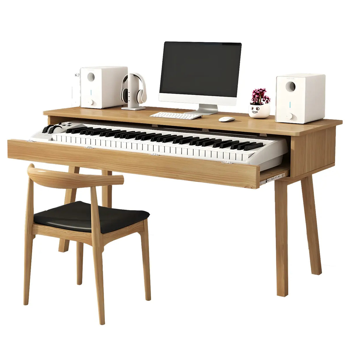 Natural Finish Pine Wood Piano Desk with Storage Image - 5