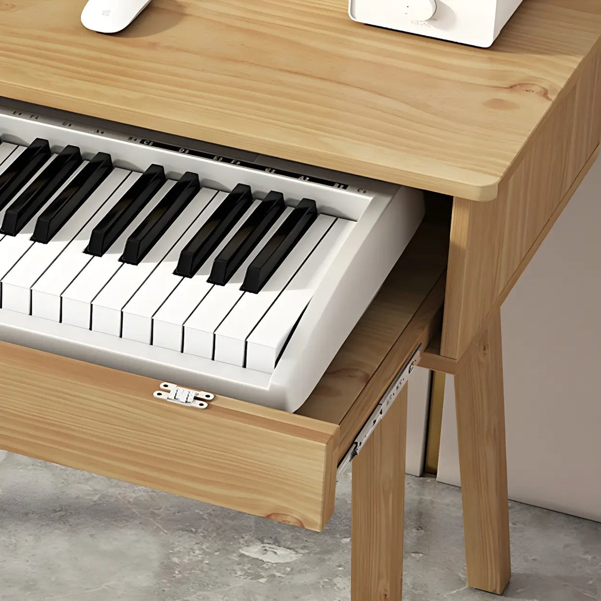 Natural Finish Pine Wood Piano Desk with Storage Image - 7