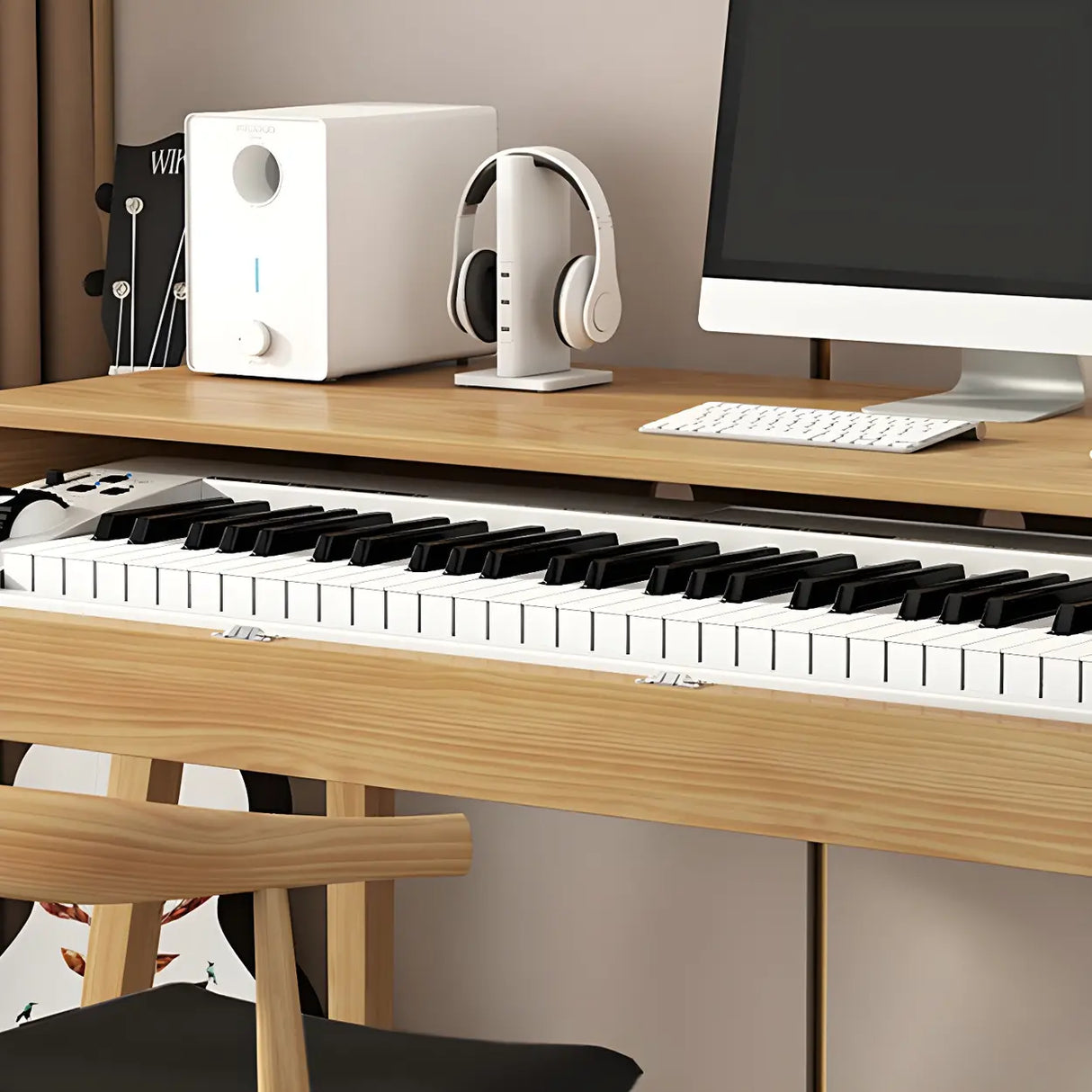 Natural Finish Pine Wood Piano Desk with Storage Image - 9