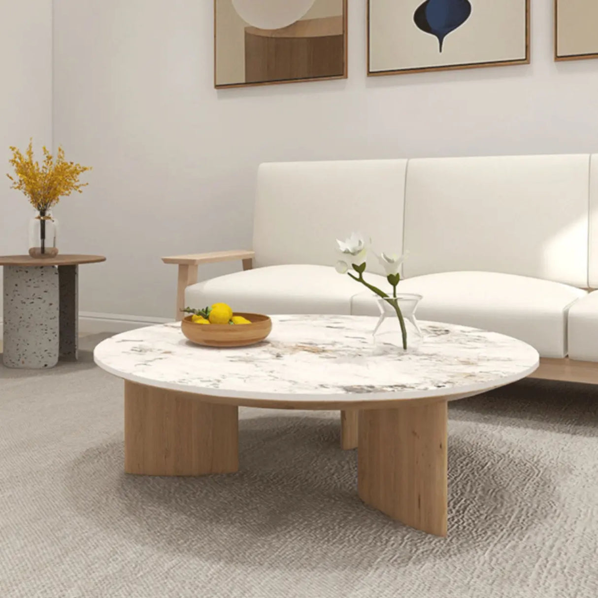 Natural Finish Pine Wood Round Three Leg Coffee Table Image - 3