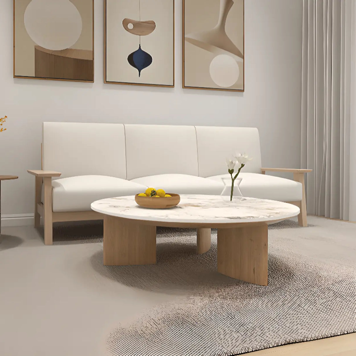 Natural Finish Pine Wood Round Three Leg Coffee Table Image - 4