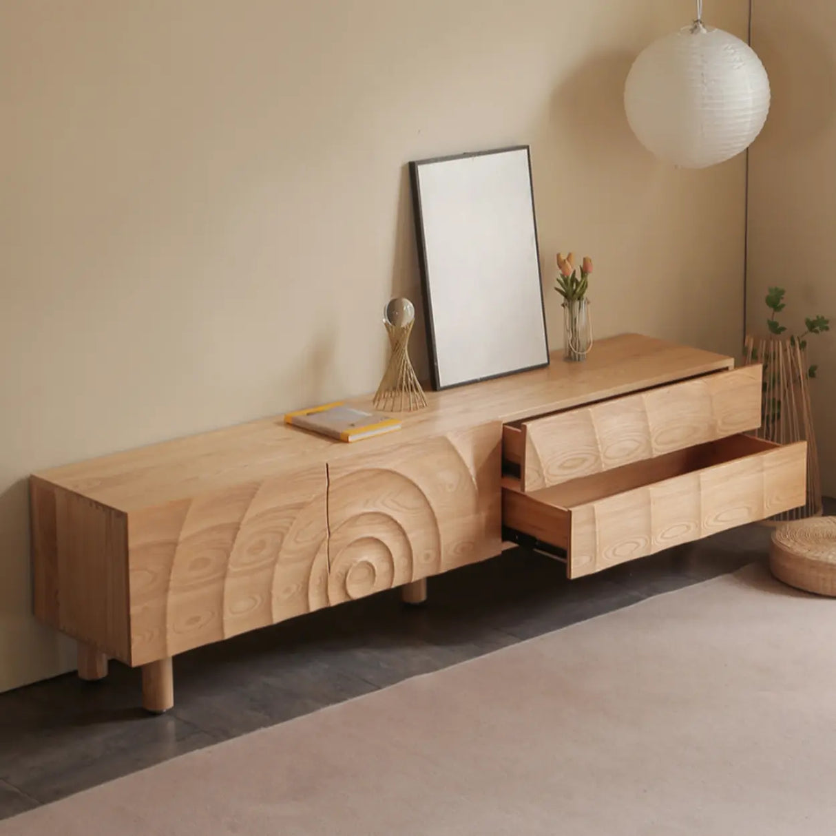 Natural Finish Pine Wood TV Stand with Cabinet Drawers Image - 11