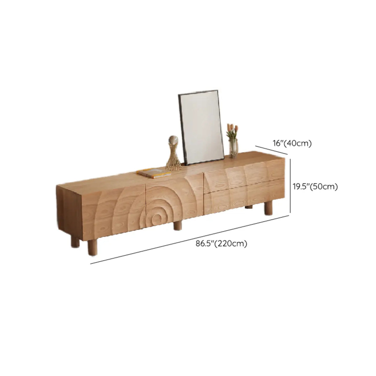 Natural Finish Pine Wood TV Stand with Cabinet Drawers 
