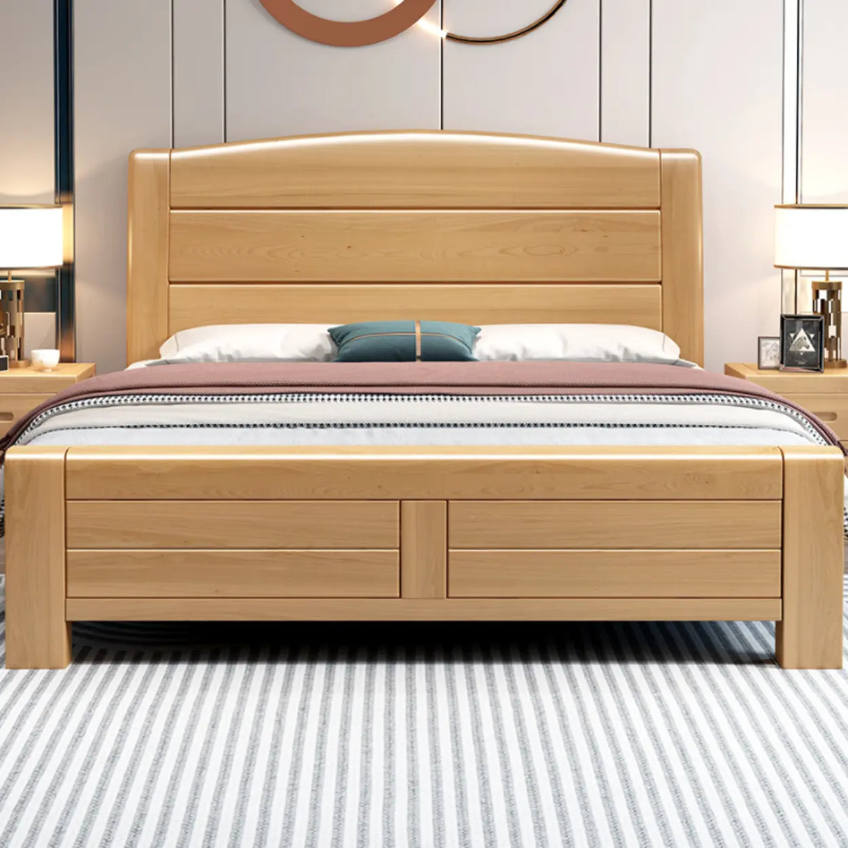 Natural Finish Queen Curved Wood Panel Bed with Mattress Image - 1