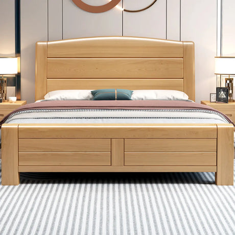 Natural Finish Queen Curved Wood Panel Bed with Mattress Image - 1