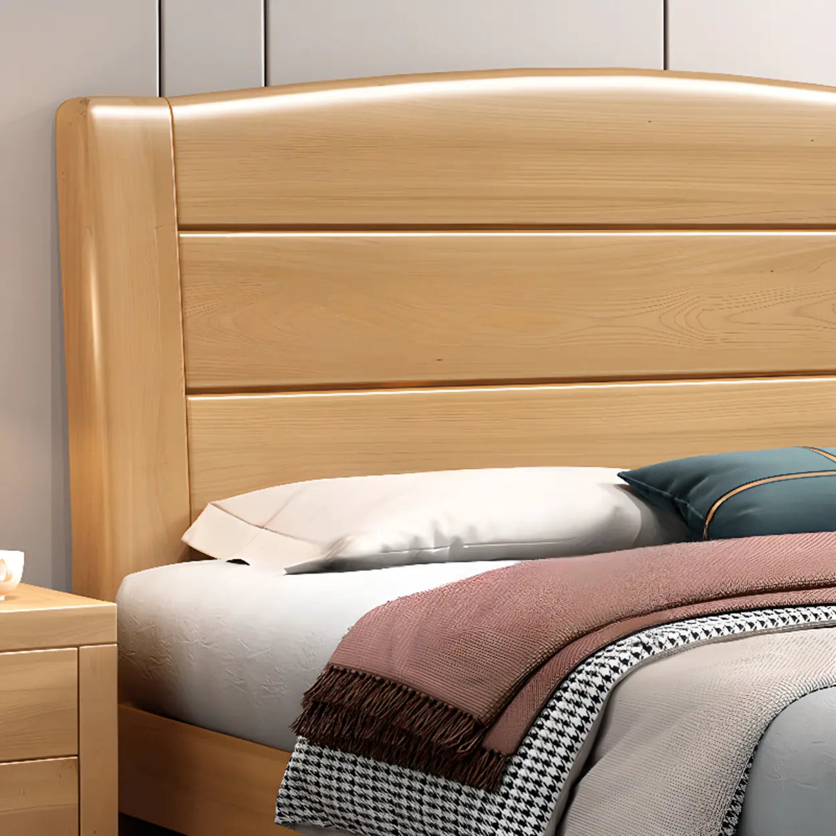Natural Finish Queen Curved Wood Panel Bed with Mattress Image - 3