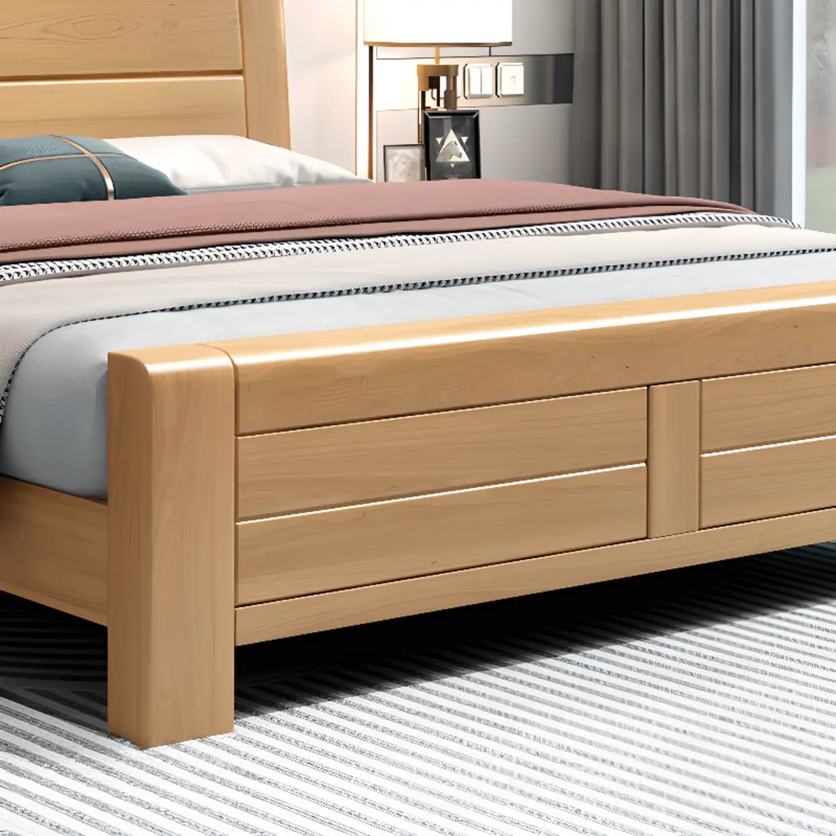 Natural Finish Queen Curved Wood Panel Bed with Mattress Image - 4