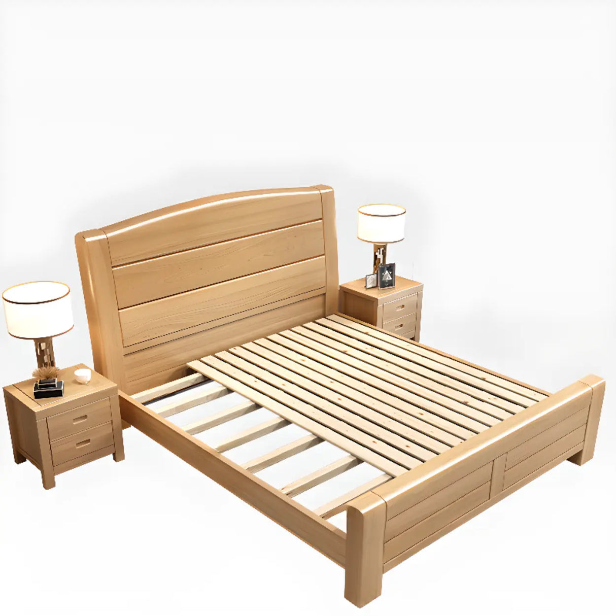 Natural Finish Queen Curved Wood Panel Bed with Mattress Image - 5