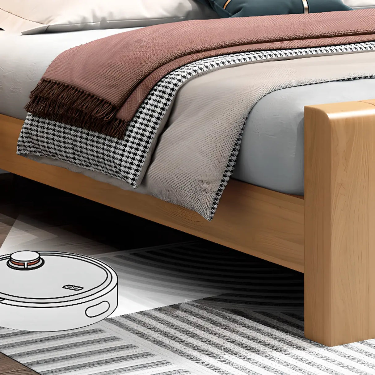 Natural Finish Queen Curved Wood Panel Bed with Mattress Image - 6