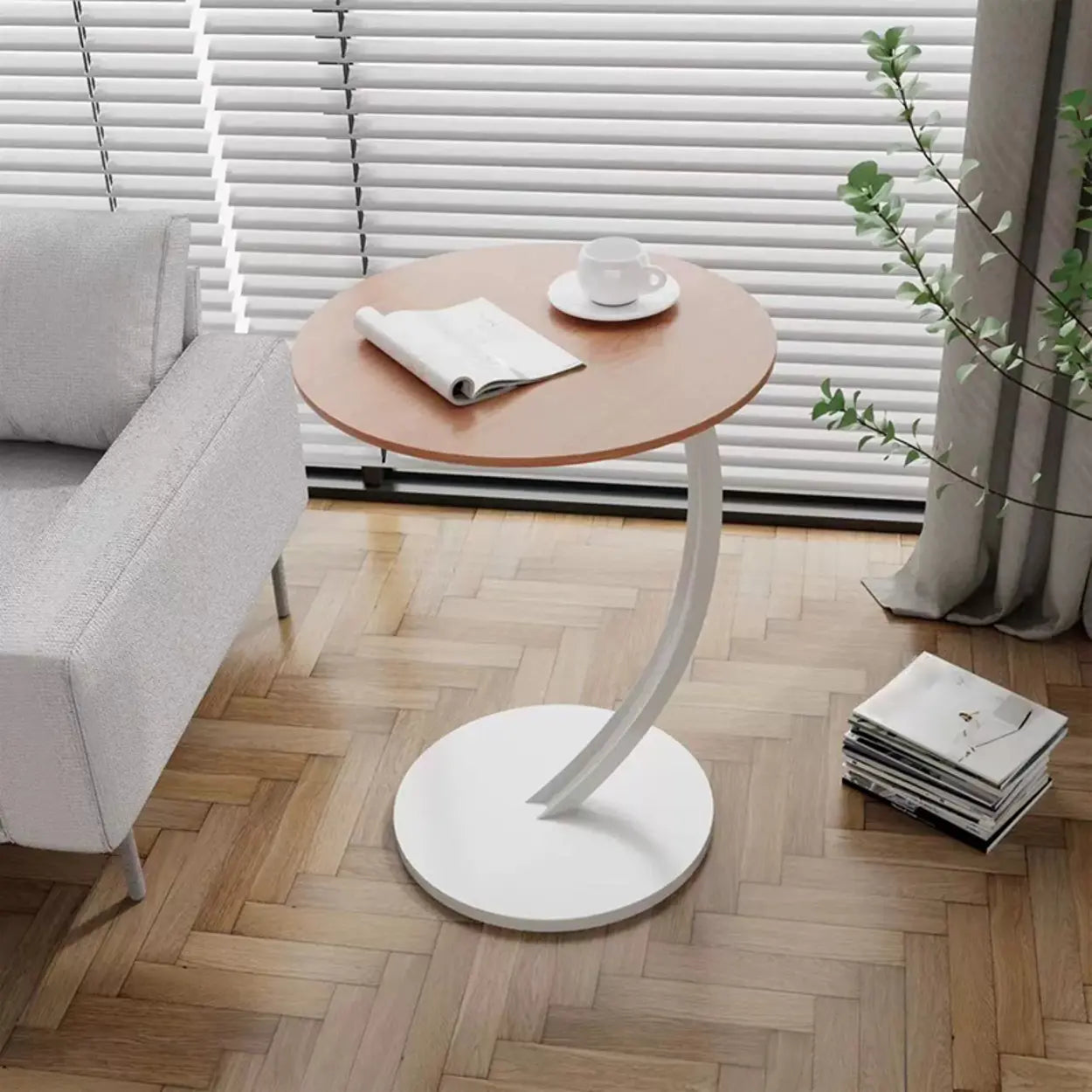 Natural Finish Round Wood Metal Base C-Shaped Side Table Image - 2