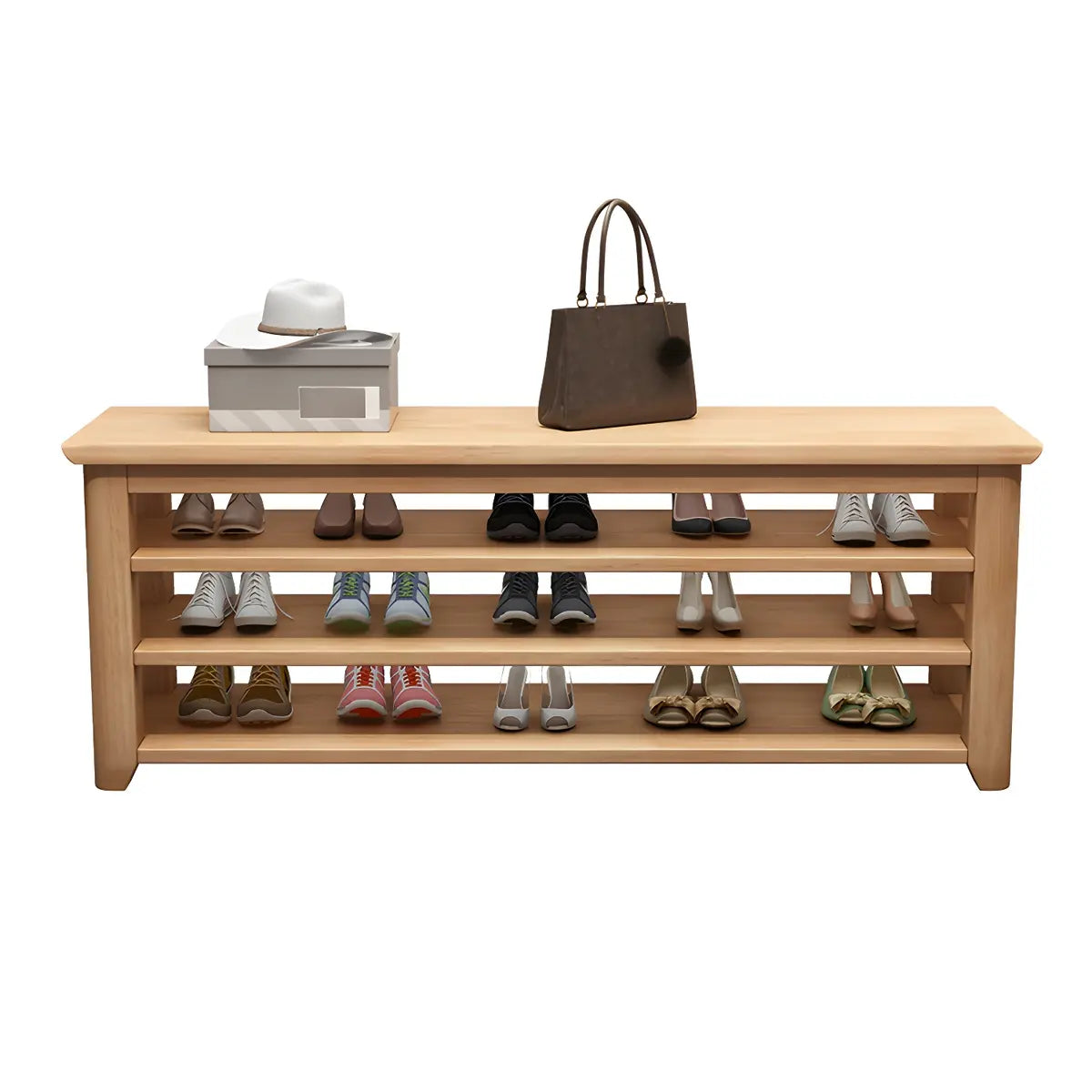 Natural Finish Rubberwood Entryway Bench with Shelves Image - 3