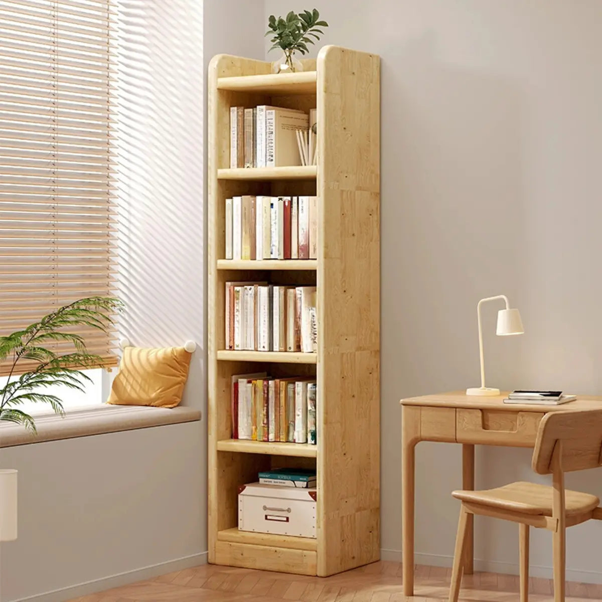 Natural Finish Rustic Rectangular Wood Narrow Bookcase Image - 1