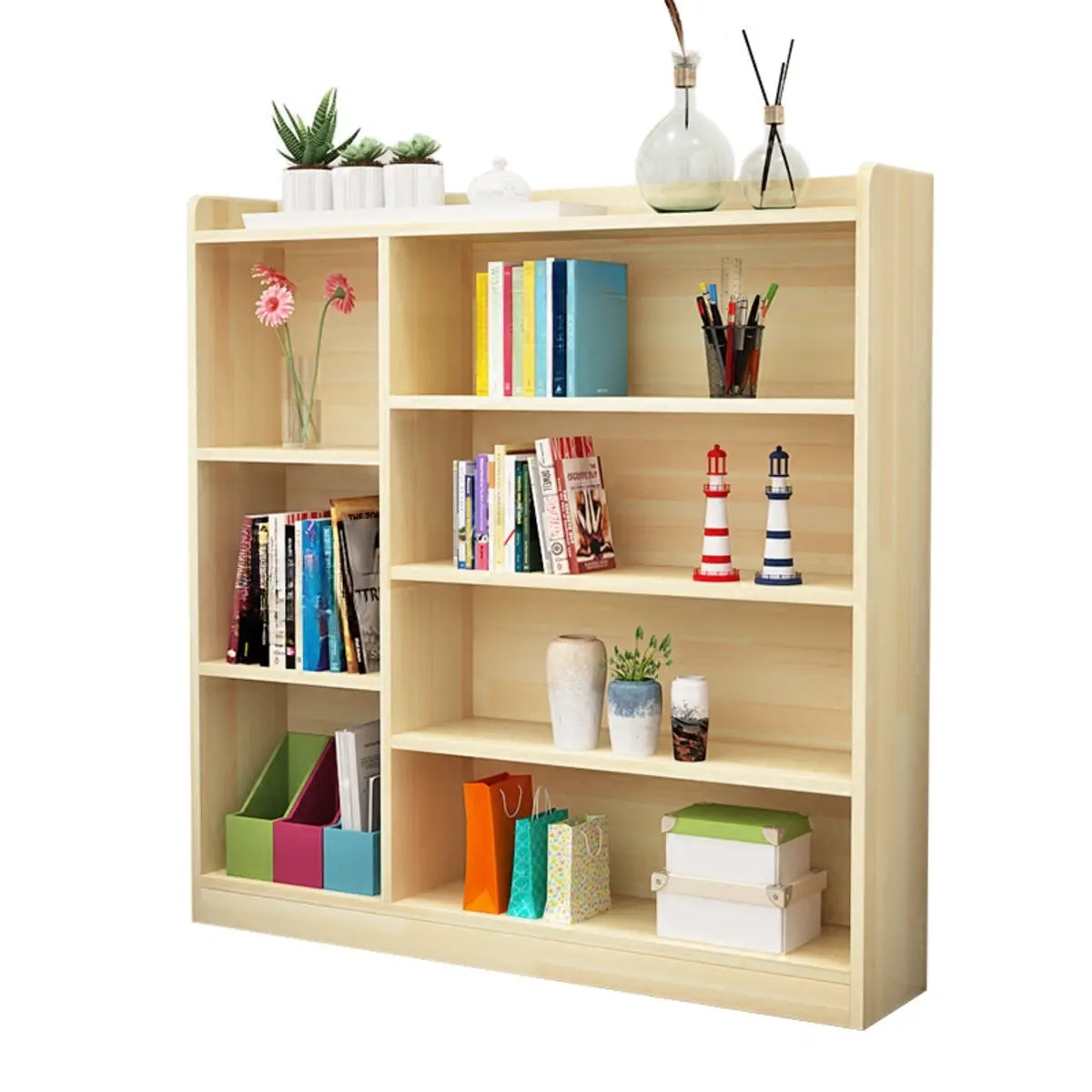 Natural Finish Simple Solid Wood Rectangular Bookcase Image - 5