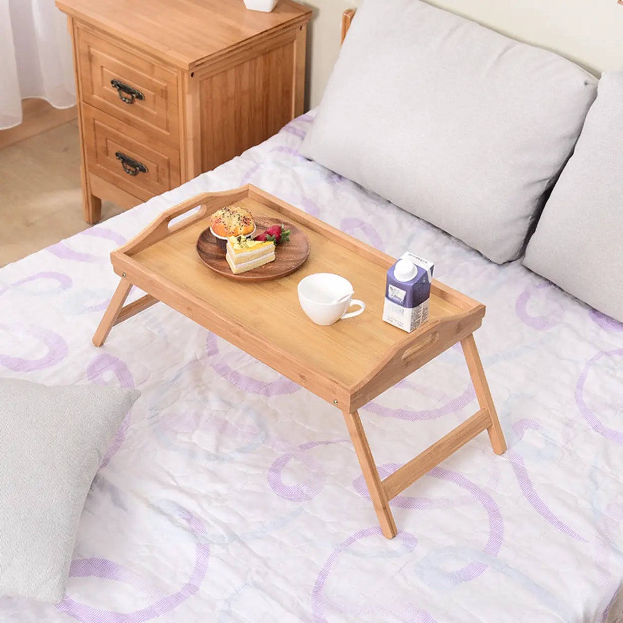 Natural Finish Small Single Folding Bamboo Tray Desk Image - 1