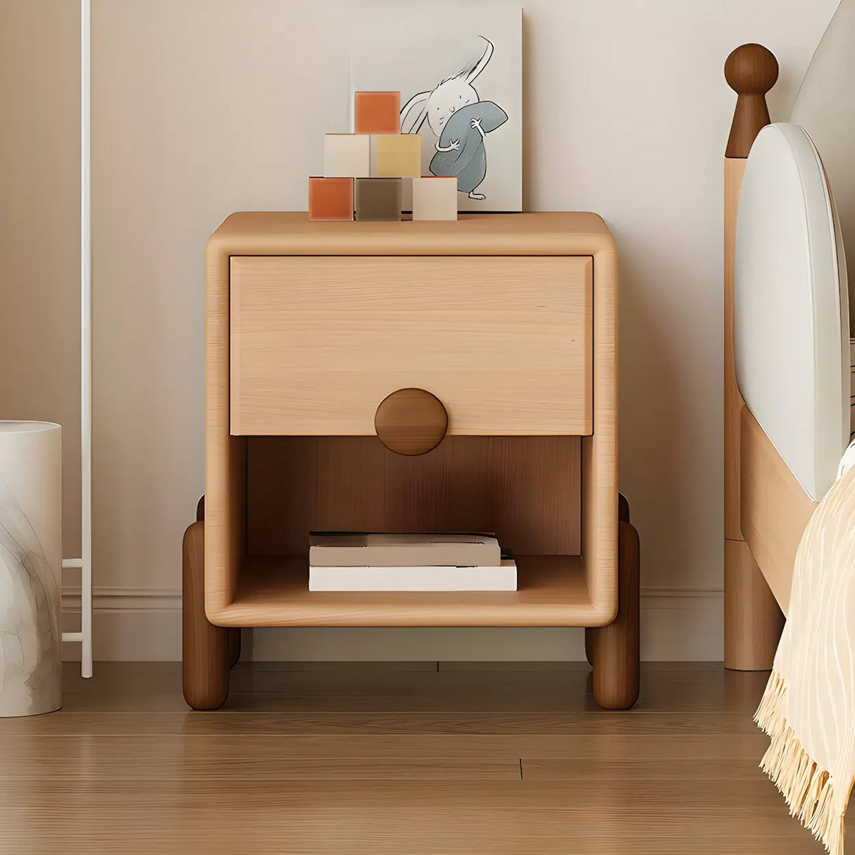 Natural Finish Solid Wood Open Storage Kids Nightstand Image - 1