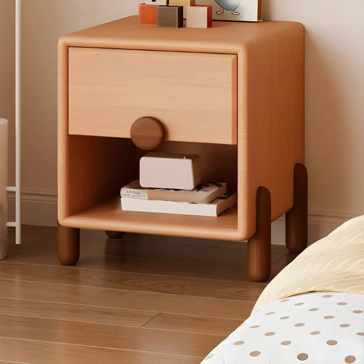 Natural Finish Solid Wood Open Storage Kids Nightstand Image - 3