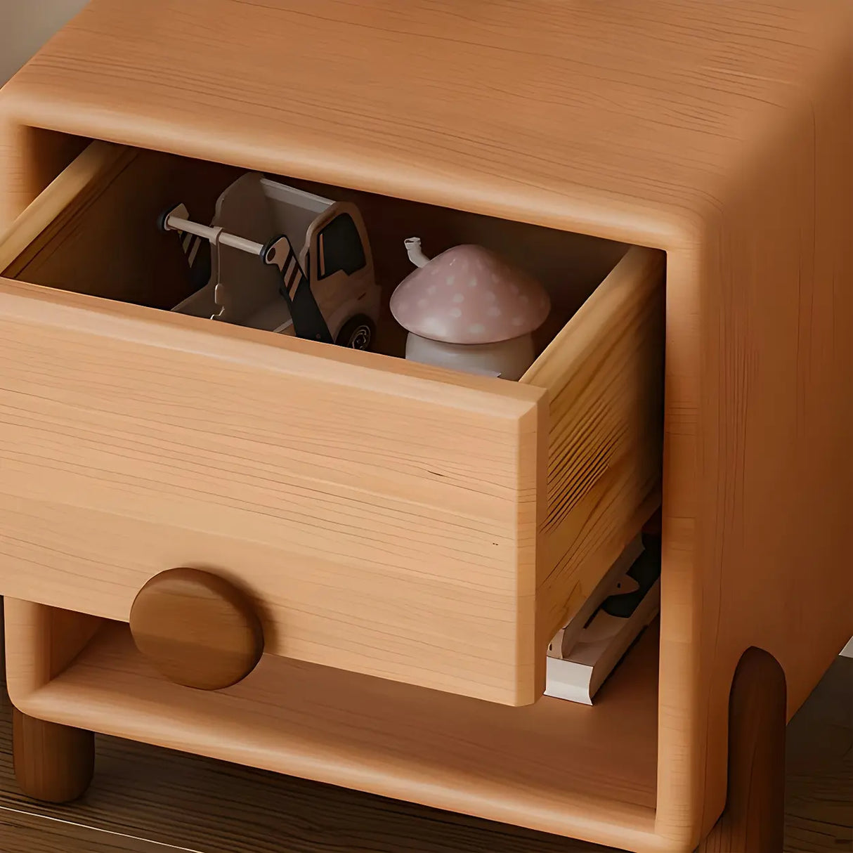 Natural Finish Solid Wood Open Storage Kids Nightstand Image - 8