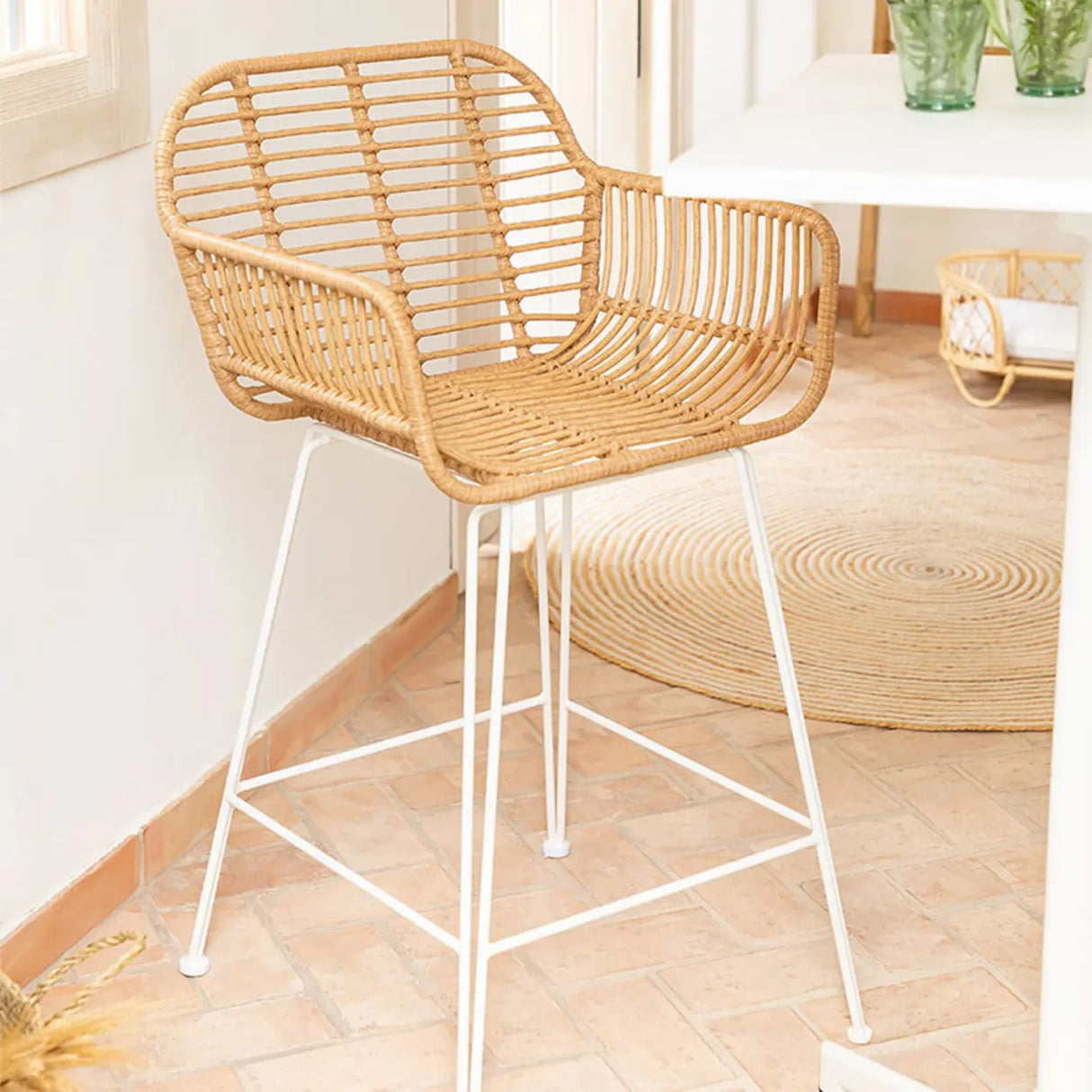 Natural Finish Square Bar Stool with Metal Four Legs Image - 5